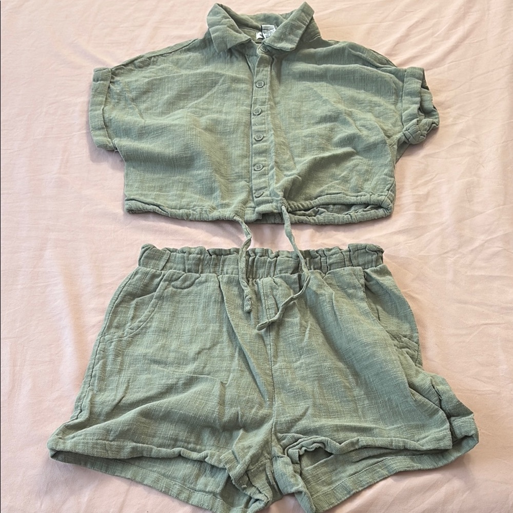 Light Sage Green Two-Piece Button Crop Top & Shorts linen Set